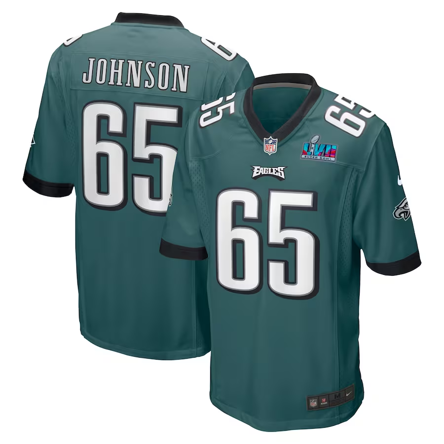 Men's Philadelphia Eagles Lane Johnson #65 Midnight Green Super Bowl LVII Patch Jersey